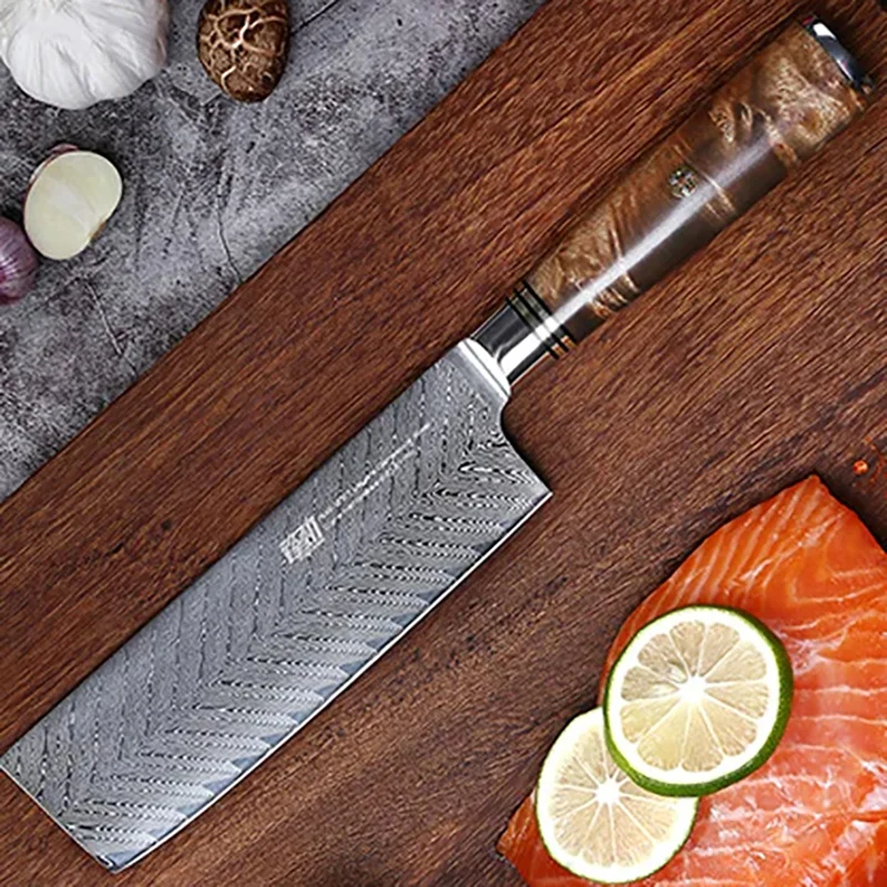 

6.5 Inch Nakiri Knife 67-layers Damascus Steel AUS 10 Blade Sapele Wood Handle Slicing Vegetables Cleaver Meat Kitchen Knife