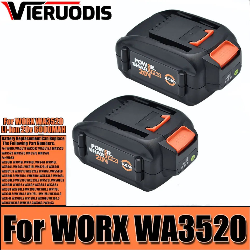 

For WORX WA3520 6000mAH Li-ion Battery New For WORX WA3525 20V Replacement For WORX WA3511 WA3512 WA3522 WA3575 Model Battery