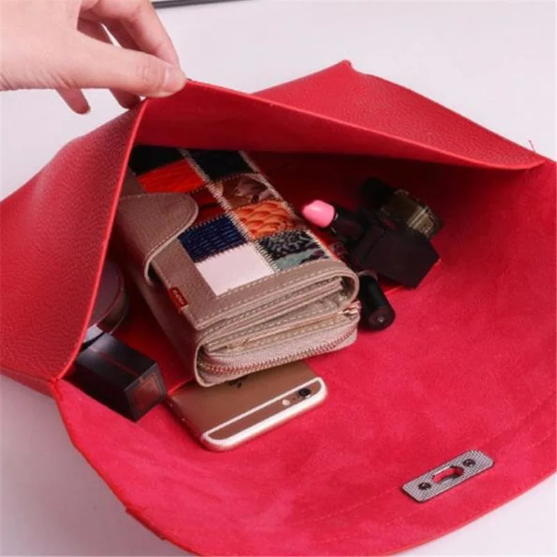 Envelope de couro PU para mulheres, embreagem vermelha, bolsa feminina, padrão de lichia, bolsas de mão simples, vermelho