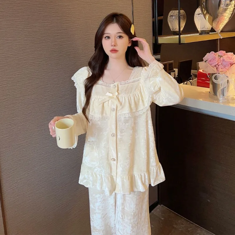 2024 New Women Gold Velvet Pajamas Spring Autumn Female Long-Sleeved Trousers Nightclothes Two-Piece Set Ruffles Casual Homewear