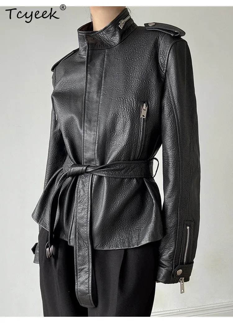 Tcyeek Echt Leren Jas Vrouwen Lente Herfst Kleding Echte Schapenvacht Jas Stand Kraag Womens Jassen Riem Jaqueta De Couro