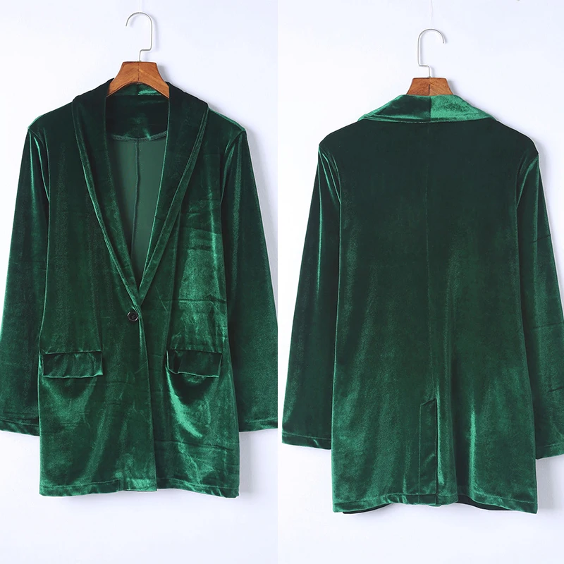 CyiExi Green/Yellow Woman Casual Pocketed Velvet Blazer Vintage Long Sleeve Daily Office Ladies Autumn Solid Blazers with Pocket