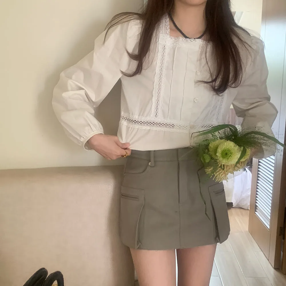 

Изящная женская блузка с кружевной отделкой, длинными рукавами и квадратным воротником, универсальный стиль, из других тканей, стандартная длина рукавов