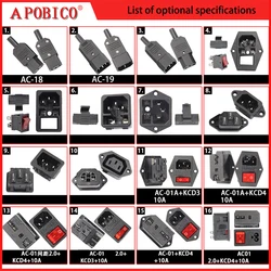 IEC320 C14 Electrical AC Socket 3 pin red LED 250V Rocker Switch 10A fuse female male inlet plug connector 2 pin socket mount