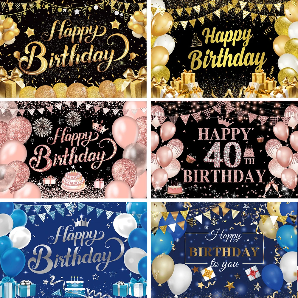 Black Golden Happy Birthday Backdrop Pink Banner 30th 40th 50th Birthday Party Backdrop Decor Photo Photography Background Props