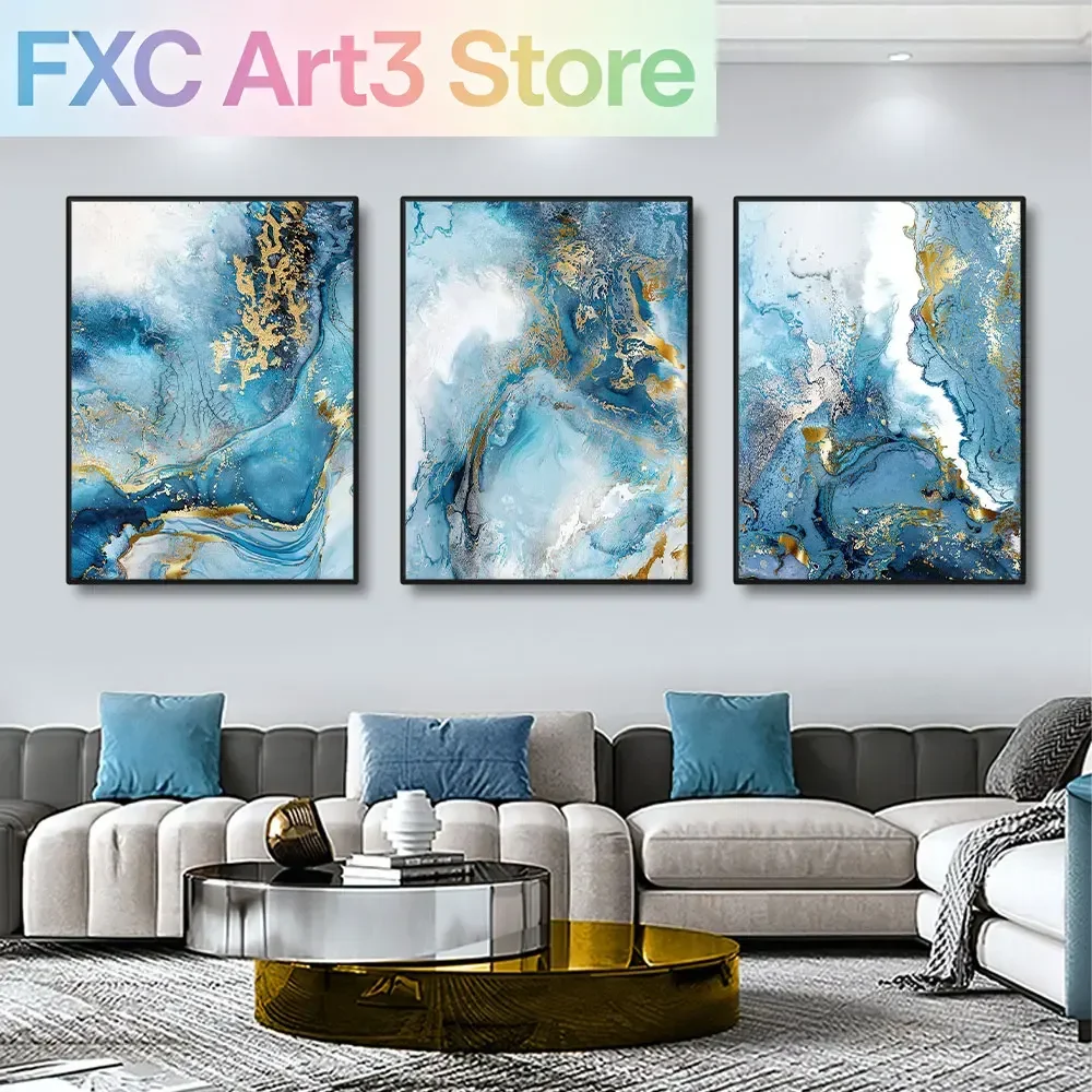 Frameless,3pcs Luxury Marble Texture Canvas Prints Blue And Gold. Natural Stone Color Material Pattern. Creative Art Paintings H