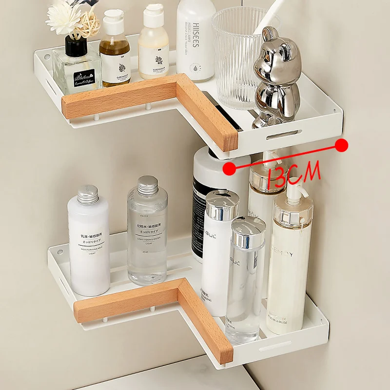 Wall Mounted Bathroom Shelf, Corner Space, Aluminum Wood, Triangle Basket, Shower Room Storage Rack