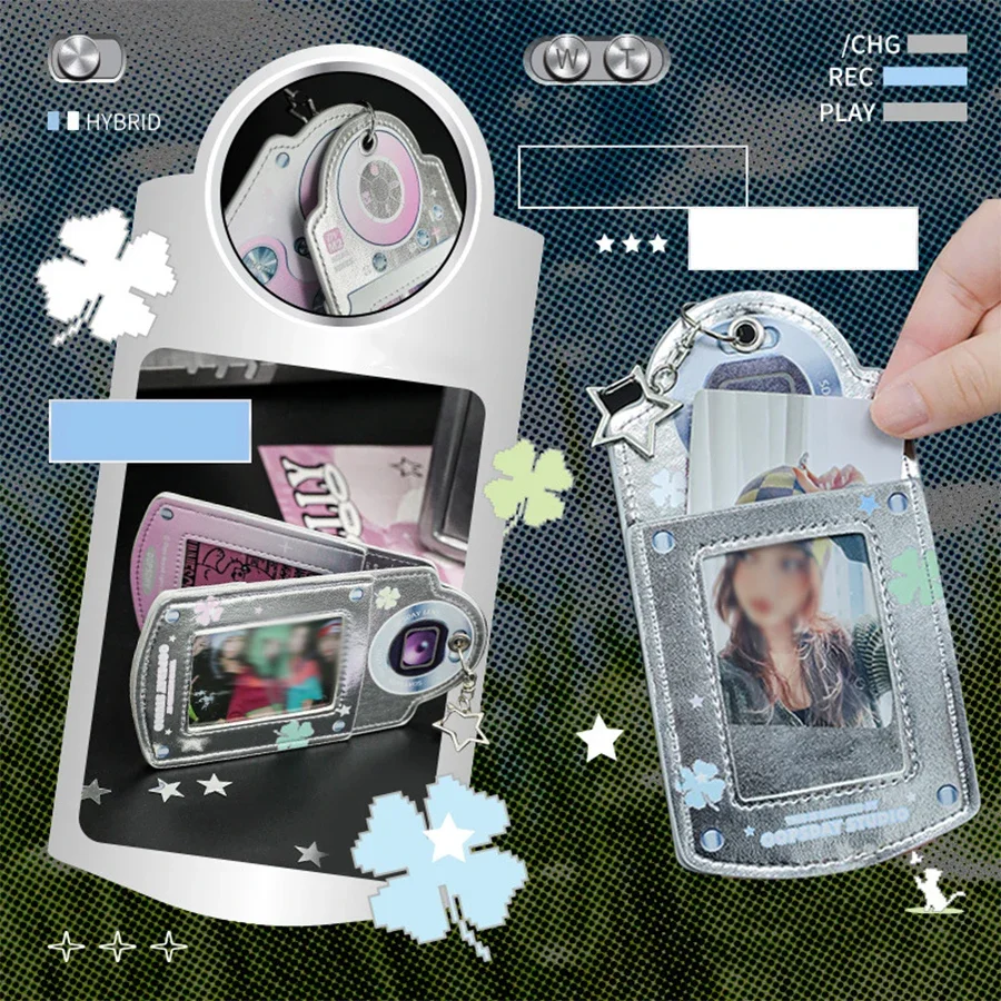 INS الموضة الكورية Dv الفضة الجلود 3In حامل بطاقة فتاة المعبود تخزين الصور ستار معلقة الديكور 3-فتحة للبطاقات غطاء بطاقة هدية #3