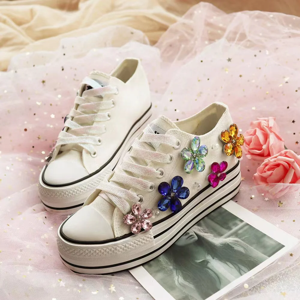 New Colorful Diamond Low-top Canvas Sweet Women's Shoes White Inner Height-increasing Vulcanized Shoes 35-40