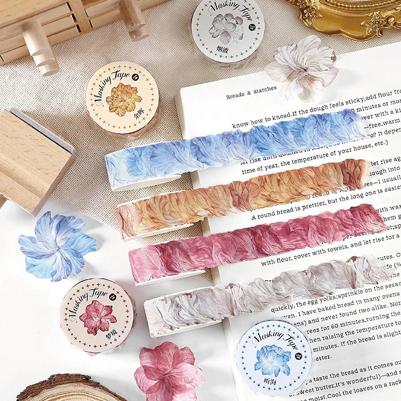 6 Rolls And Paper Stickers And Tapes, Romantic Floral Cherry Blossom Petal Pattern, Irregular Die-Cut Creative Hand Note Collage