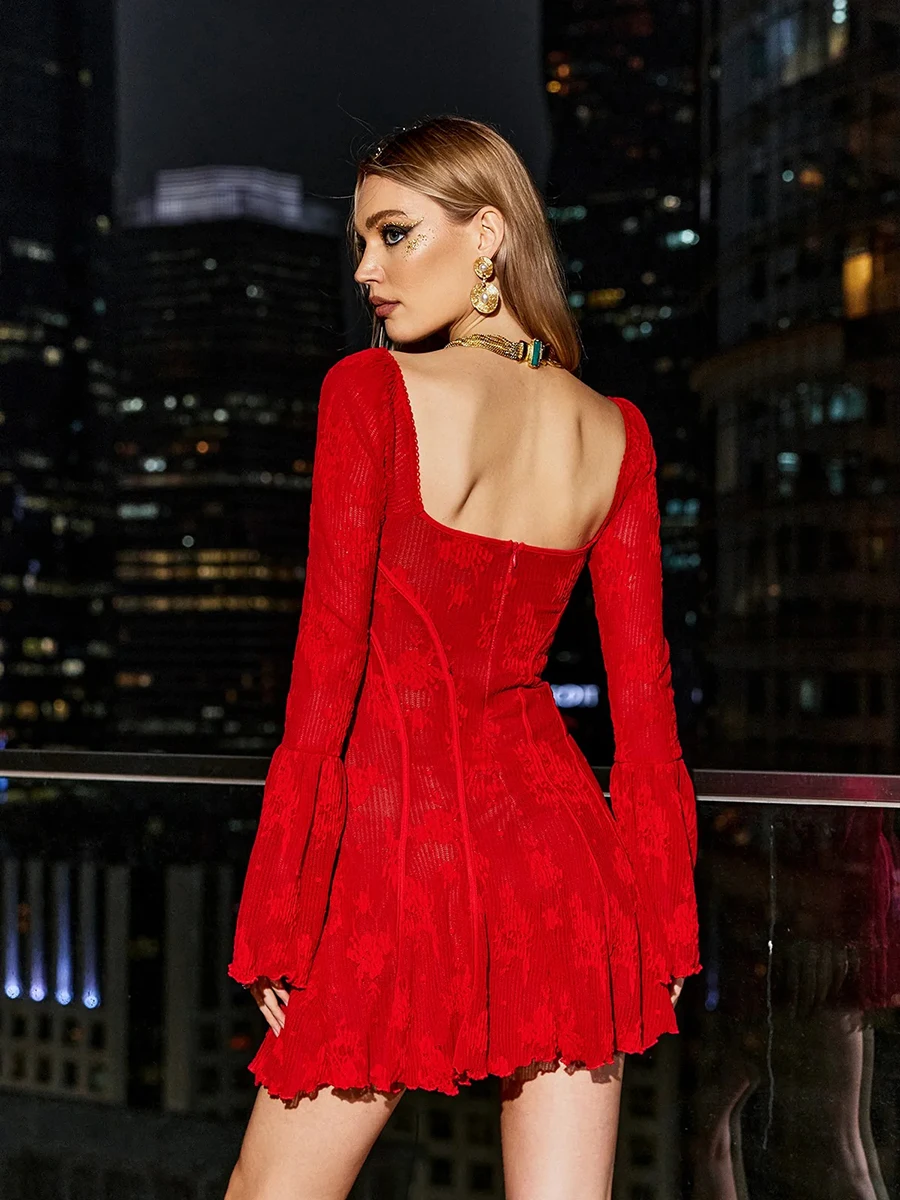 ReddaChic Pretty Women Mini Lace Dress Textured Bustier Corset See-through Bell Sleeve Hotties Summer Party Desire One-piece