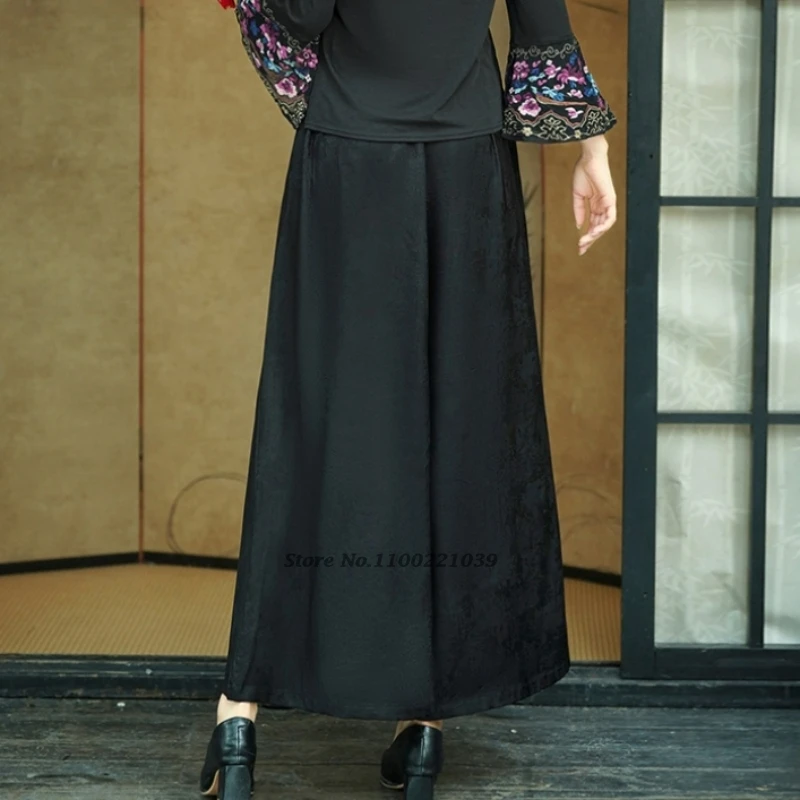 2025 pantaloni vintage cinesi pantaloni tradizionali a gamba larga ricamati con fiori nazionali pantaloni folk in vita elastica jacquard in raso