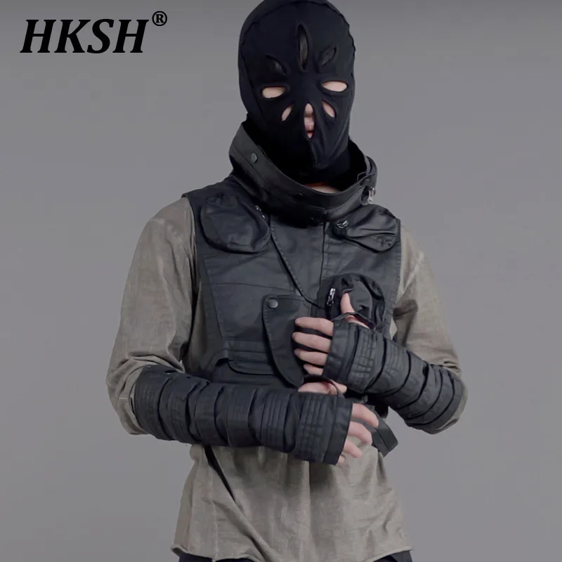 HKSH Garde Avant Waste Land Niche Design Hollowed Out Cotton Waxed Face Punk Sleeve Gloves For Men And Women's Dark Tide HK0171