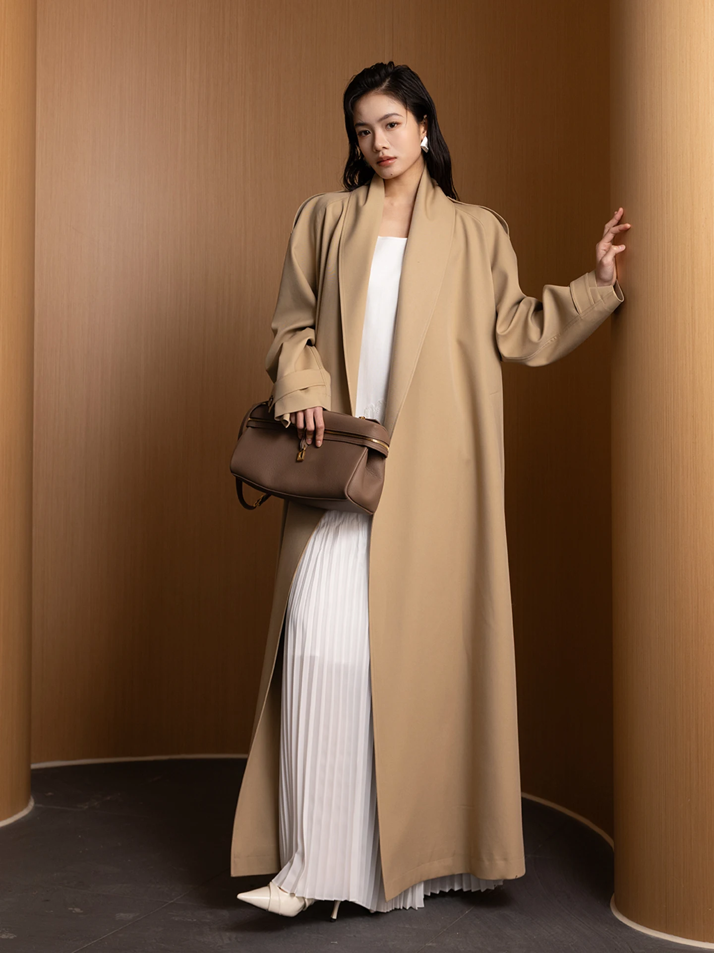 

Женское длинное пальто Ele Robe с бретельками на плечах, весна 2026, модное, из смесового полиэстера, вискозы и спандекса, с поясом, Neline