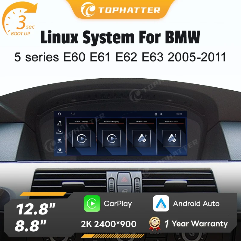 

12.8" 8.8" Wireless CarPlay Android Auto Car Multimedia Player Display For BMW 5 Series E60 E61 E62 E63 CCC CIC Touch Screen