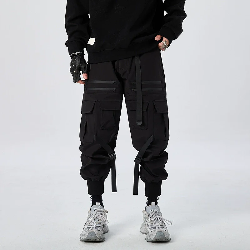 2025 New Streetwear Joggers with Multi-Pockets Men's Tactical Cargo Pants Black Utility Work Pants Elastic Waist Casual Trousers