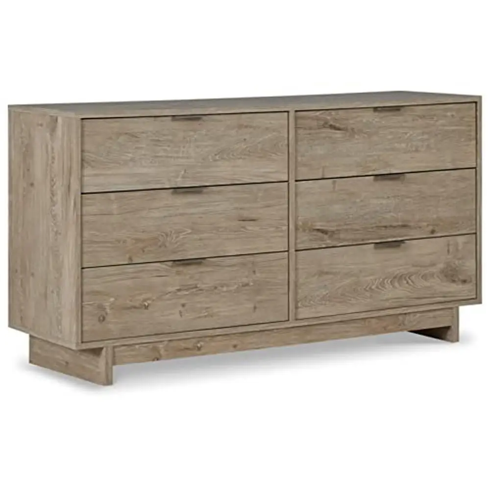 

Rustic 6 Drawer Dresser Natural Wood Tone Modern Design Brushed Nickel Tab Pulls High-Style Furniture Chic Storage Kids Bedroom