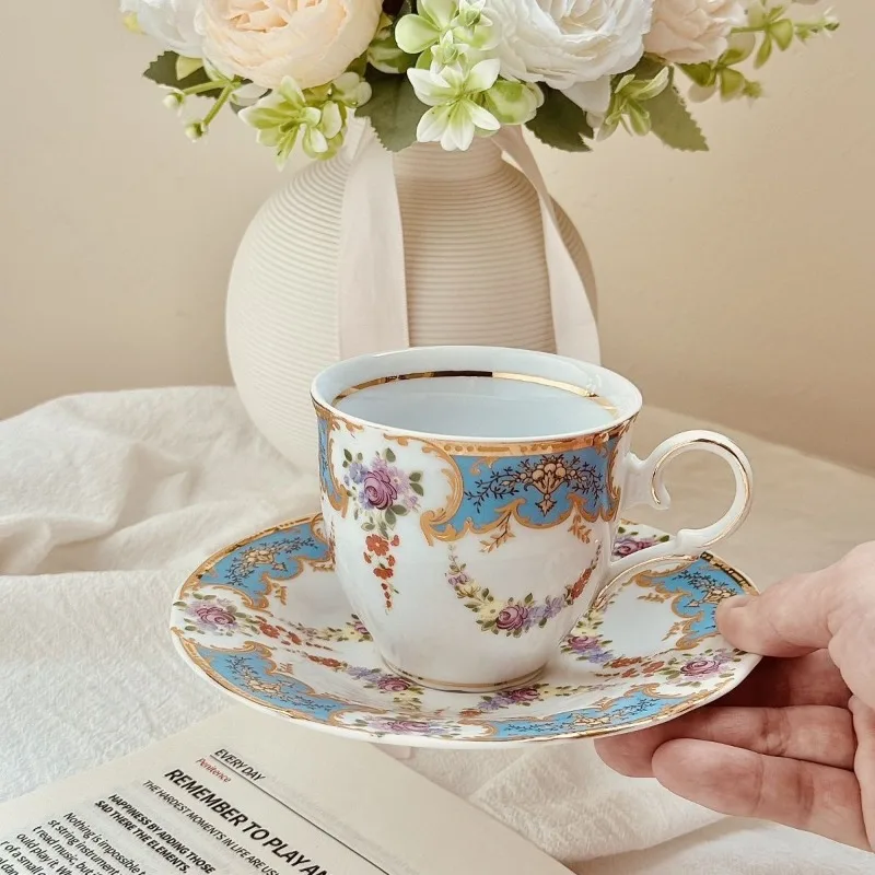 

European Cottage Hand-Painted Coffee Cup & Saucer Set with Gold Trim, Romantic Floral Design for Afternoon Tea Art