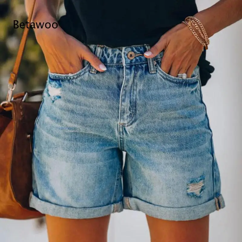 

Women's High Waist Ripped Denim Shorts with Rolled Cuff, Casual Summer Blue Washed Jean Shorts in Multiple Colors for Beach