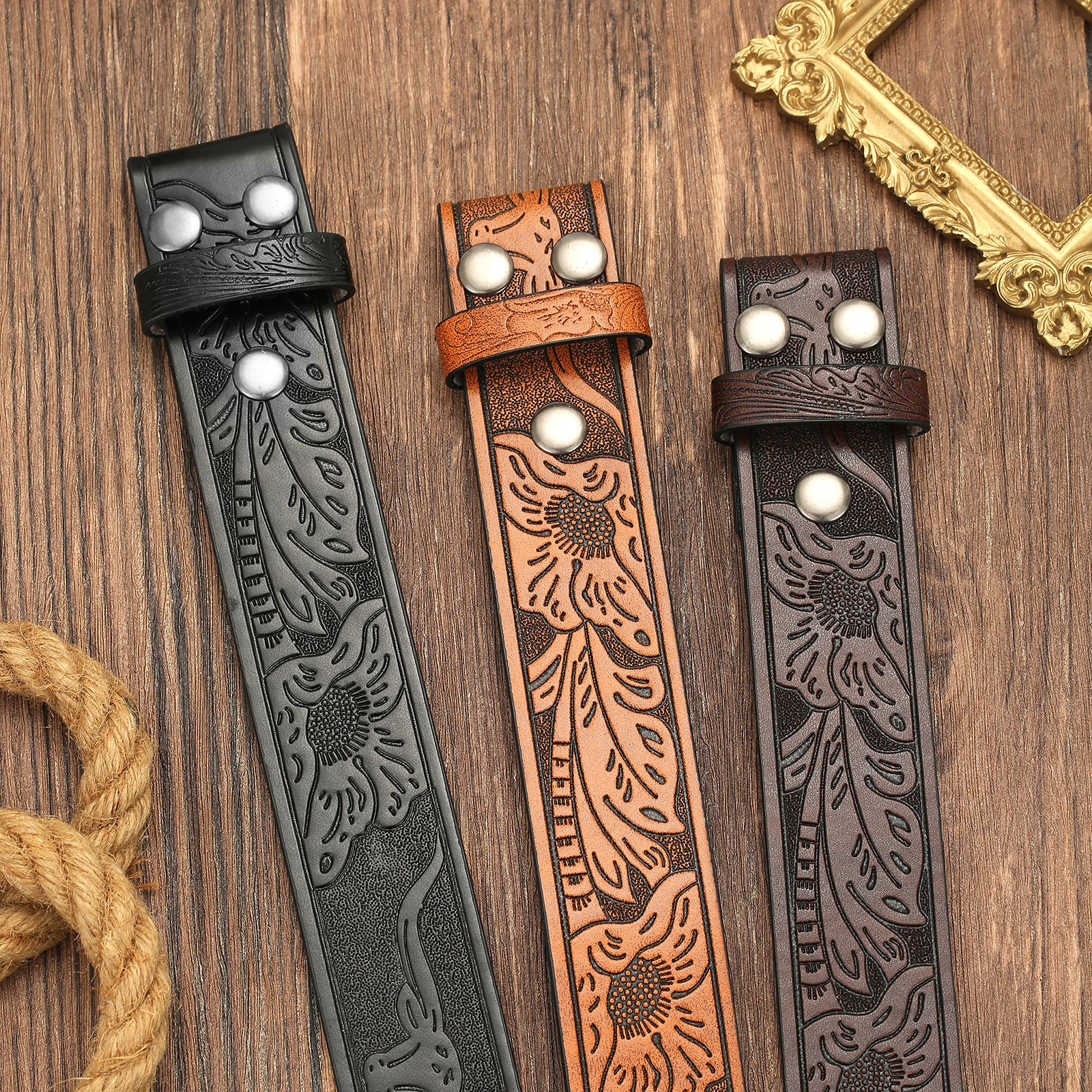 Men Western Pattern Embossed Belt Blank Strap, No Buckle Retro Cowboy Pu Leather Belt Replacement Strap