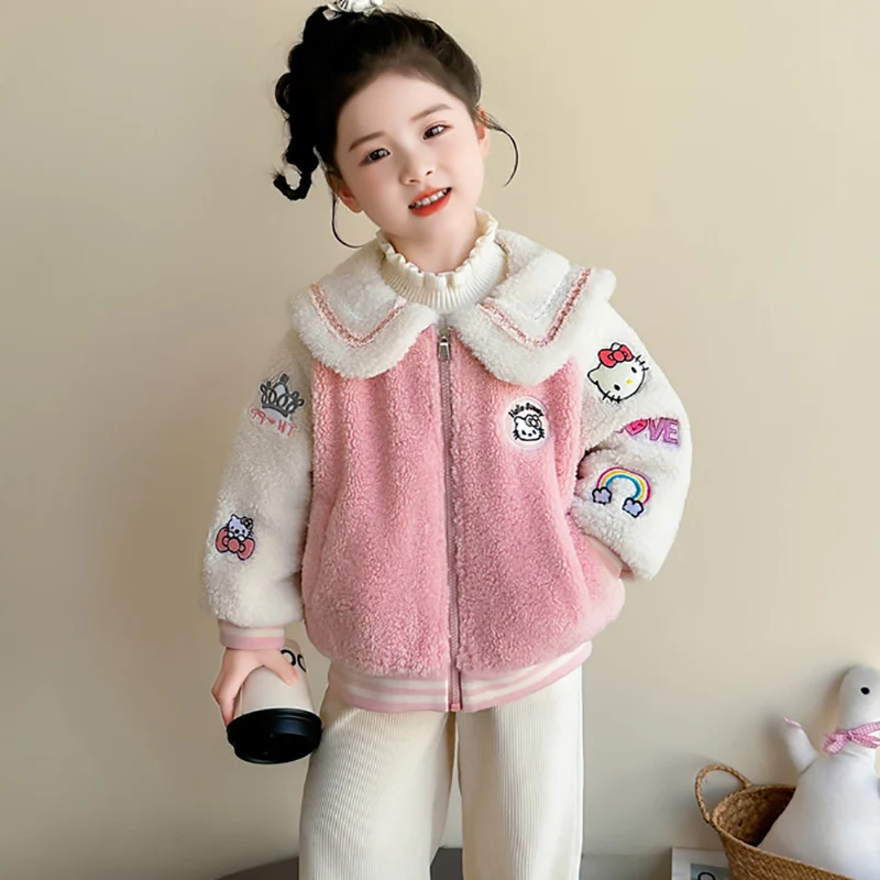 

Пальто из овечьей шерсти для девочек, осенние новые детские верхние одежды на молнии с аппликацией из мультфильмов, модная утепленная плюшевая куртка с лацканами в стиле пэчворк