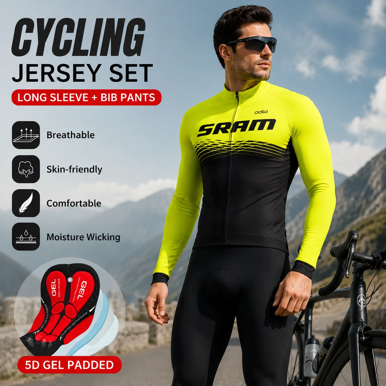 SRAM 2026 Rennradanzug Herren Langarm-Sportshirt-Set Maillot Ciclismo Rennradfahren Schnelltrocknend 08