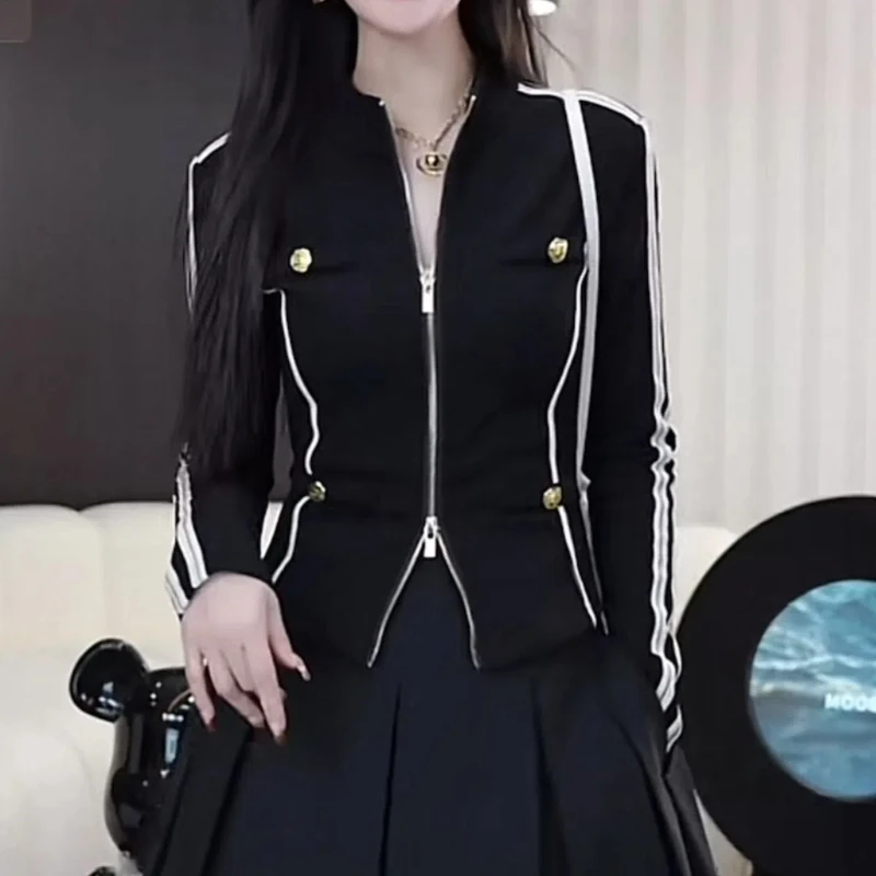 High End Temperament Slim Fit Stand Up Collar Jacket with Women's Design Sense Spliced Color Collision Motorcycle Baseball Suit