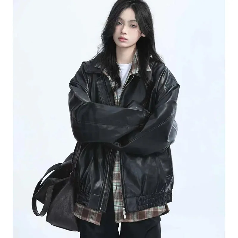 미국 여성 레저 PU 가죽 재킷 봄 가을 여성 지퍼 인조 가죽 코트 2025 여성 단색 가죽 아우터
