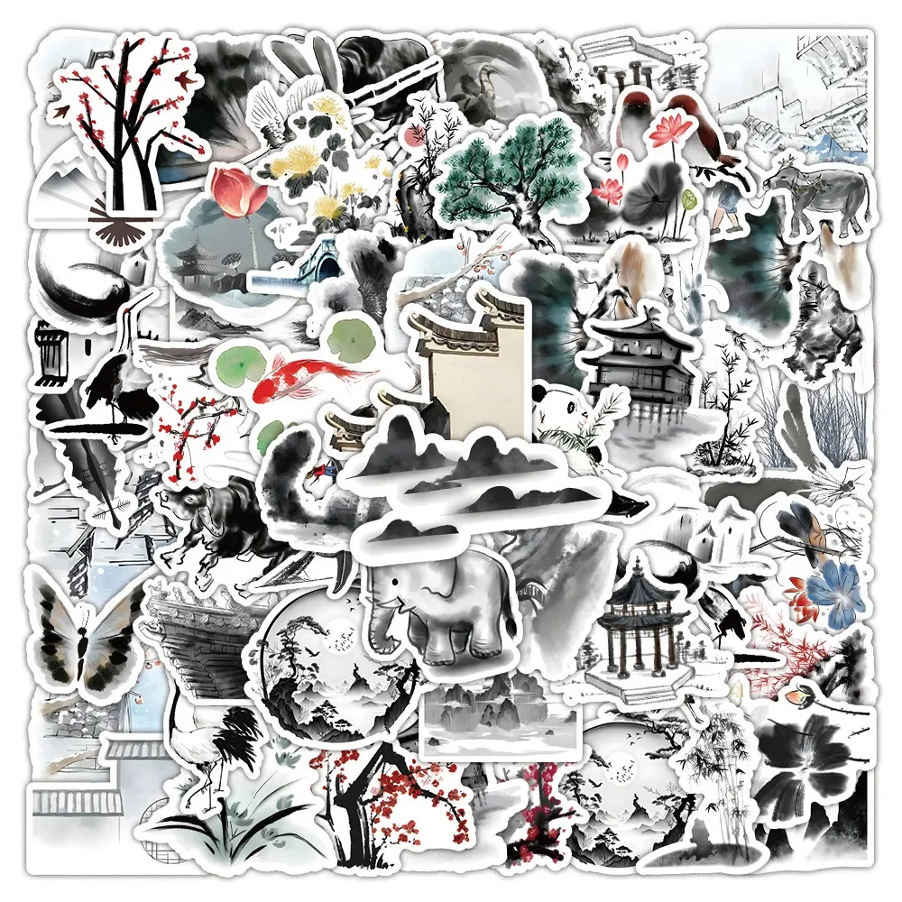 63PCS Ancient Style Ink Wash Stickers - Elegant Chinese Art for Decorating Notebooks, Phones & DIY Projects AnimeWorlds Store