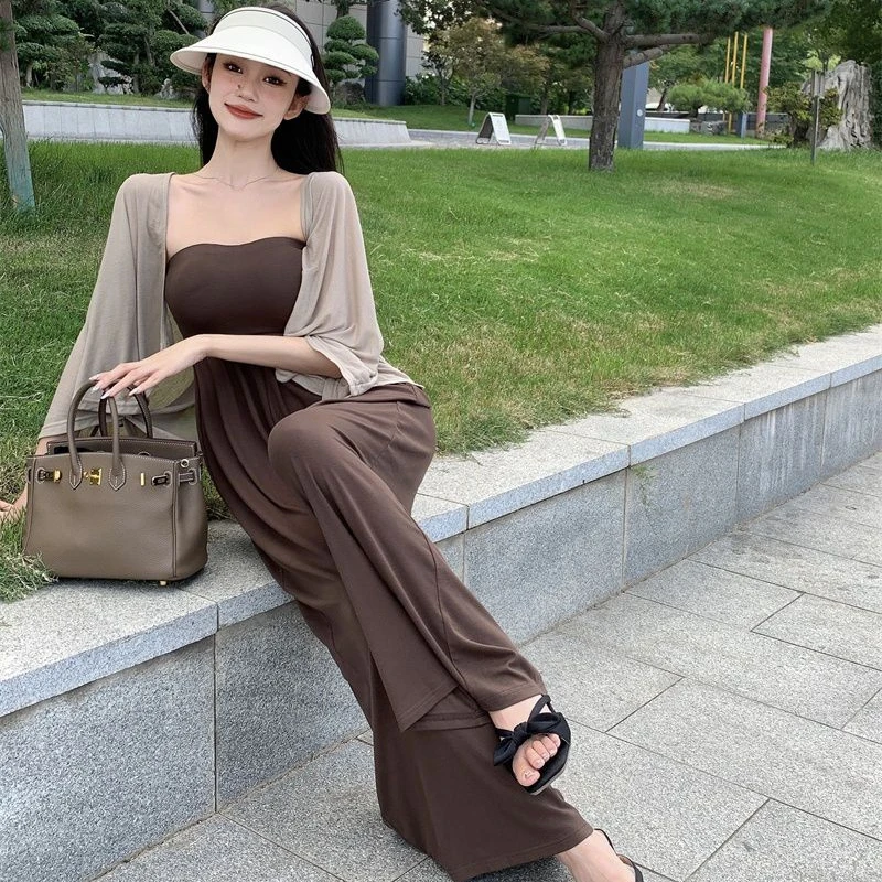 Jumpsuits Women Coffee Summer New Wide Leg Trousers Strapless Loose Solid All-match Elasticity Clothing Aesthetic Daily Vintage