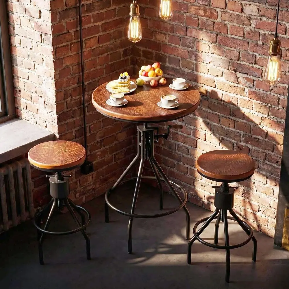 

Adjustable Height Industrial Style 3-Piece Dining Set with Solid Wood Metal Stools