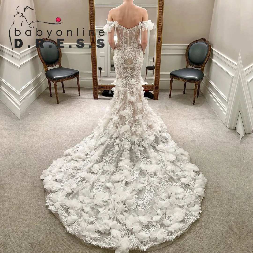 

BABYONLINE Lace Off-shoulder Wedding Dress Featuring a Deep Plunge that is Covered Bodice Illusion Fabric Embroidered Bride Gown