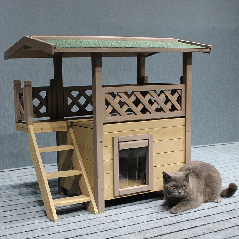 Outdoor solid wood cat nest Wooden cat house Cat cage Pet nest Outdoor rainproof and warm Double layer Internet celebrity