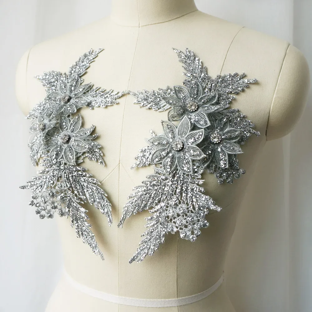 2Pcs Rhinestones Silver Sequin Embroidered Lace Applique Sewing Flower Fabric Patch Wedding Gown Bridal Dress Clothes DIY Crafts