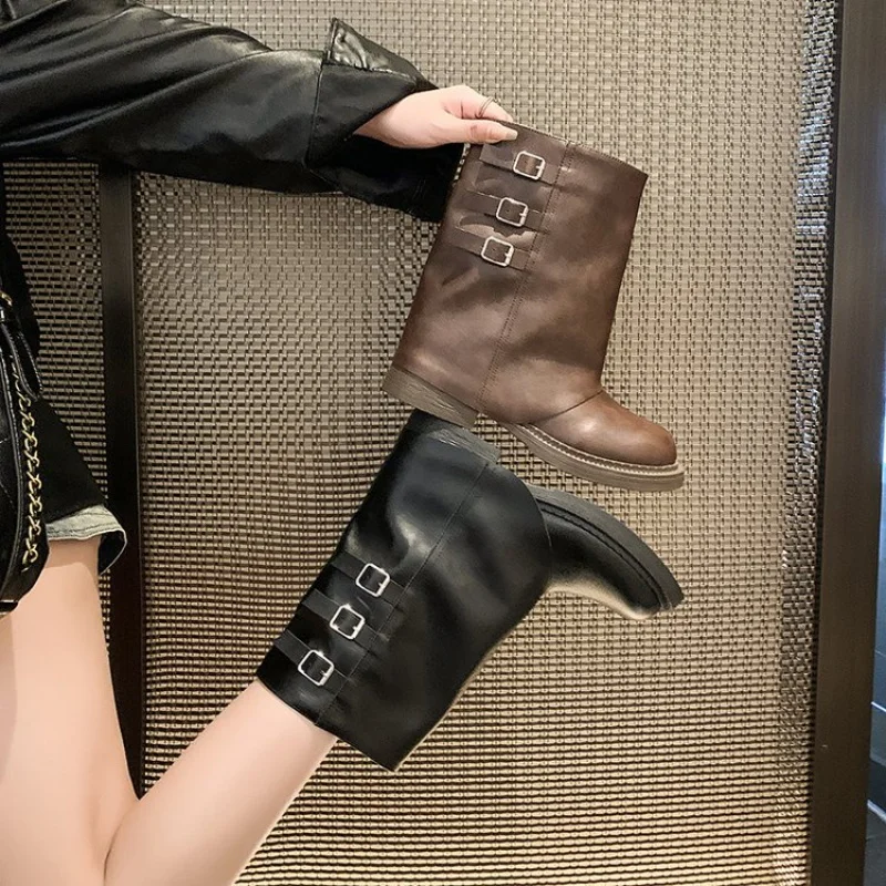 Bottes mi-mollet en cuir PU pour femmes, chaussures à enfiler, bottes d'équitation à talon optique, plissées, marron, automne, 2025