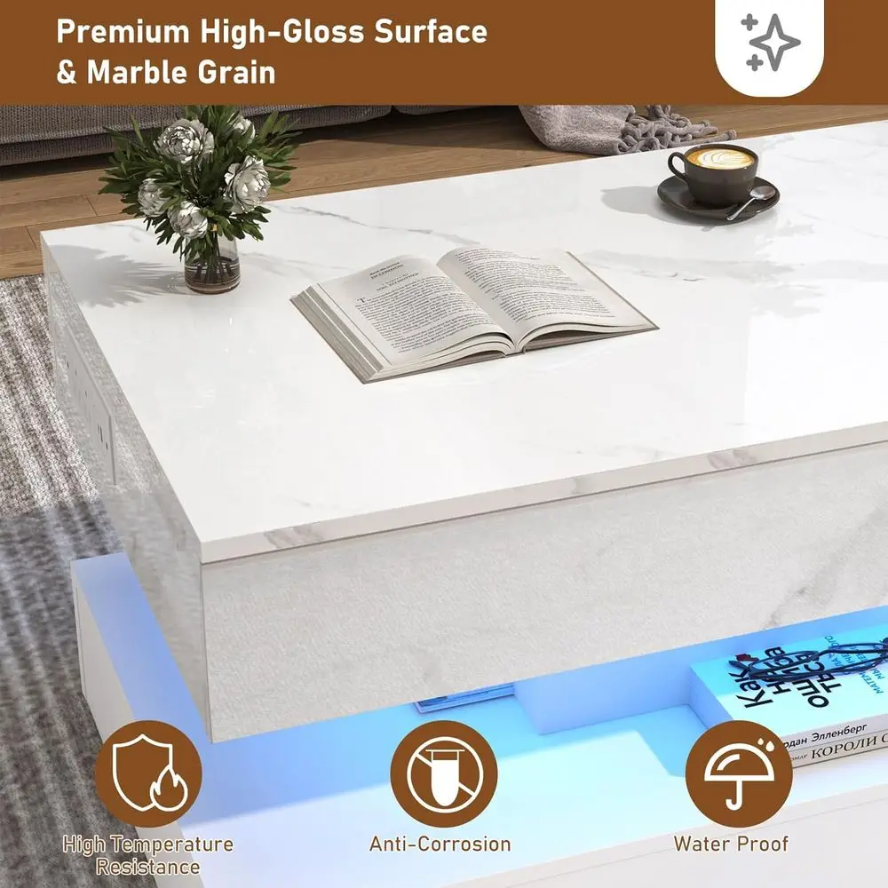 Modern White Coffee Table with Lift Top, LED Lighting, Charging Station, and Hidden Storage
