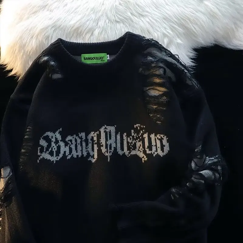 

Мужской свитер больших размеров на осень-зиму с круглым вырезом и дизайнерскими отверстиями, свободный базовый слой, вязаный, из полиэфирного волокна, в стиле Гонконг.