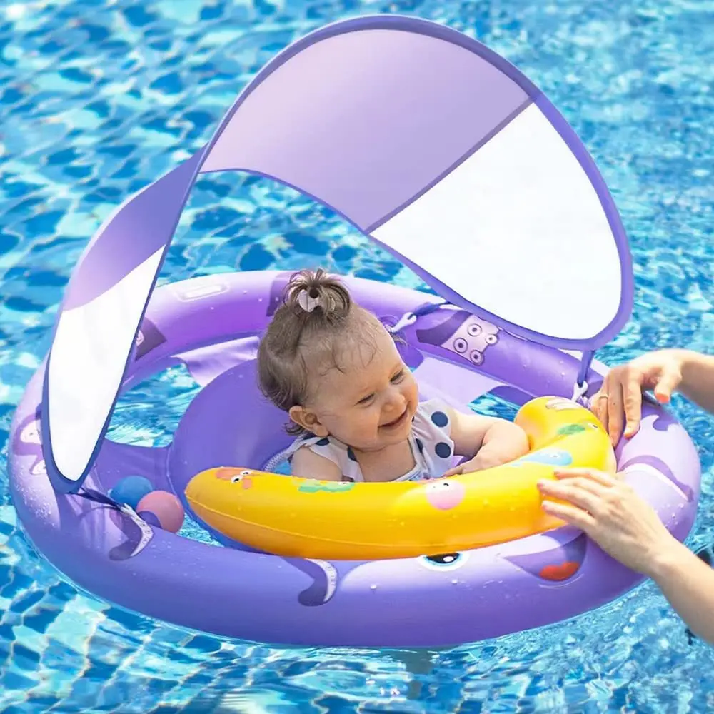 Baby Pool Float with Removable UPF50+ Sun Protection Canopy, Baby Swim Floats for 6-24 Months Infant Toddler, Extra Wide Dual Ai