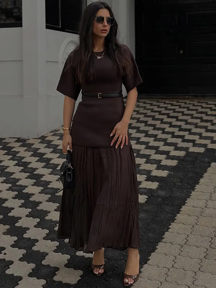 

2025 Chic Splicing Brown Half Sleeve Maxi Dress Women's Casual Pleated A-line Slim Vestidos Female Office Commute Street Robes
