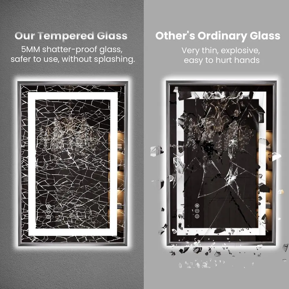 مرآة حمام مضيئة 24 × 36 بإطار من النيكل المصقول، مضادة للضباب، مقاومة للكسر، قابلة للتعتيم، 3 ألوان #6