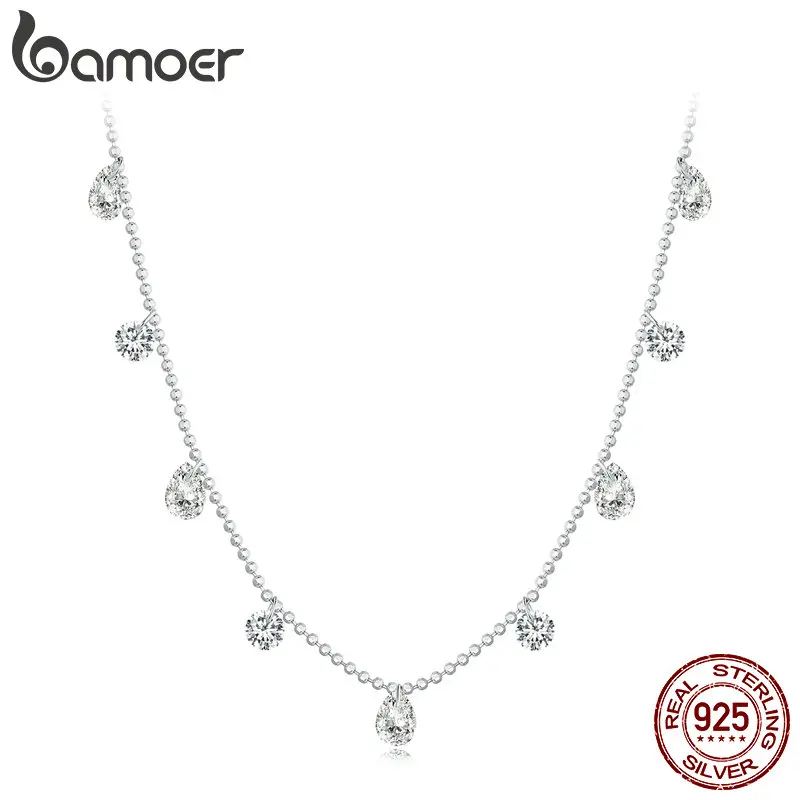 Bamoer 925 Sterling Silver Shining Water Drop Zircon Necklace Beads Chain Link For Women Engagement Anniversary Jewelry Gift