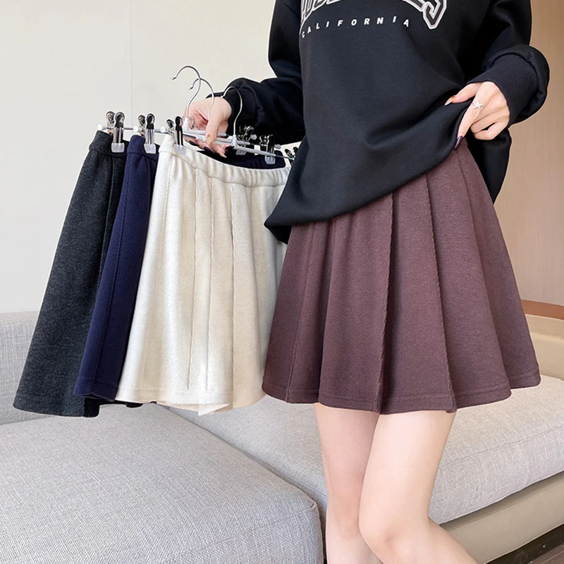 

Short Woolen Pleated Skirts Women Autumn Winter Elastic Waist Loose Versatile A-Line Mini Skirt Thicken Solid Color Woman Skirts