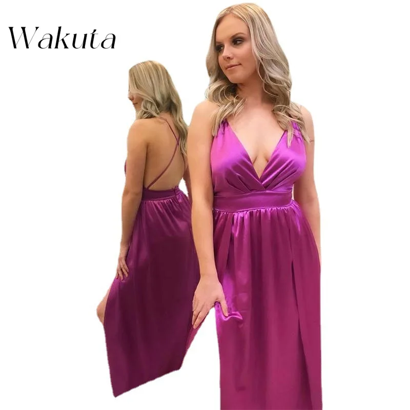 Wakuta Fashion Sexy Deep V Neck Strapless Simulated Silk Maxi Vestidos Elegant Backless Slim Floor-length Cocktail Party Dresses