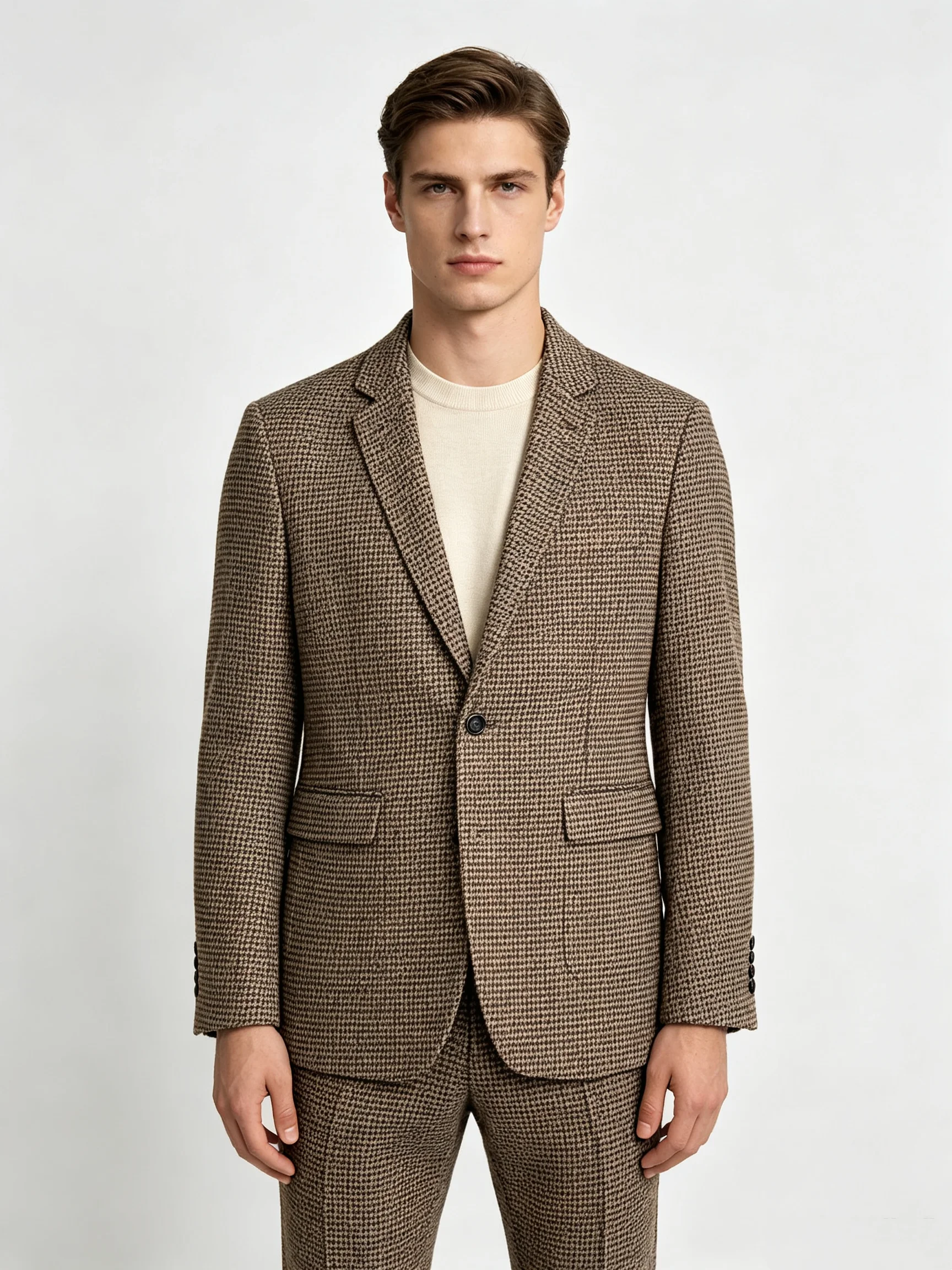 Vintage Men Houndstooth Plaid Blazer Jacket Notched Lapel One Button Slim Fit Casual Business Sport Coat For Daily Work Party