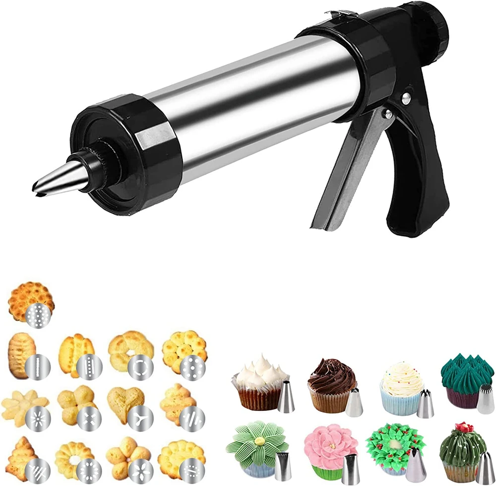 

LMETJMA Cookie Press Kit Biscuits Maker Gun Sets With 13 Cookie Press Molds & 8 Pastry Piping Nozzles Cake Decorator Sets KC0225