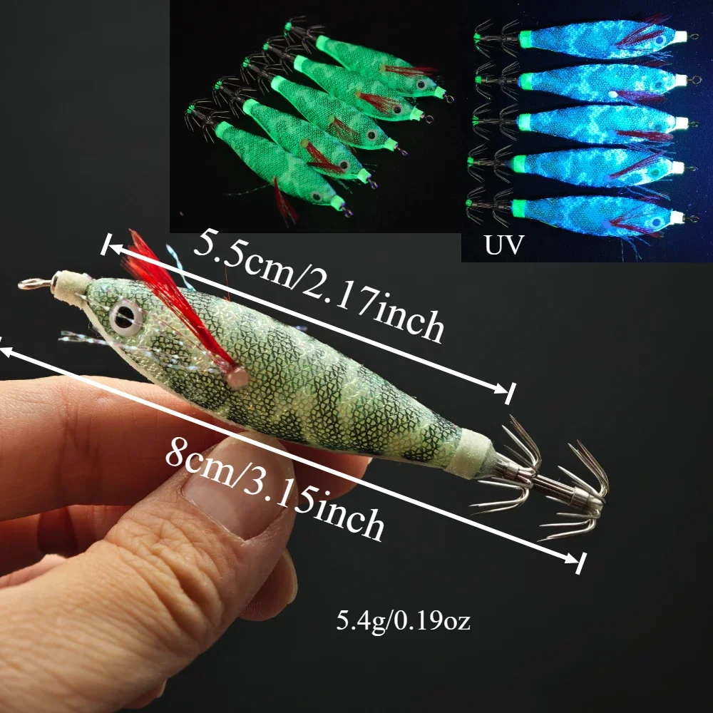 10 Stück/Set 8cm Leuchtende Garnelen-Angelköder Tintenfisch-Jig-Haken Garnelen-Köder für Salzwasser-Angeln Horizontaler Tintenfisch-Jig Egi-Set – Detail 1