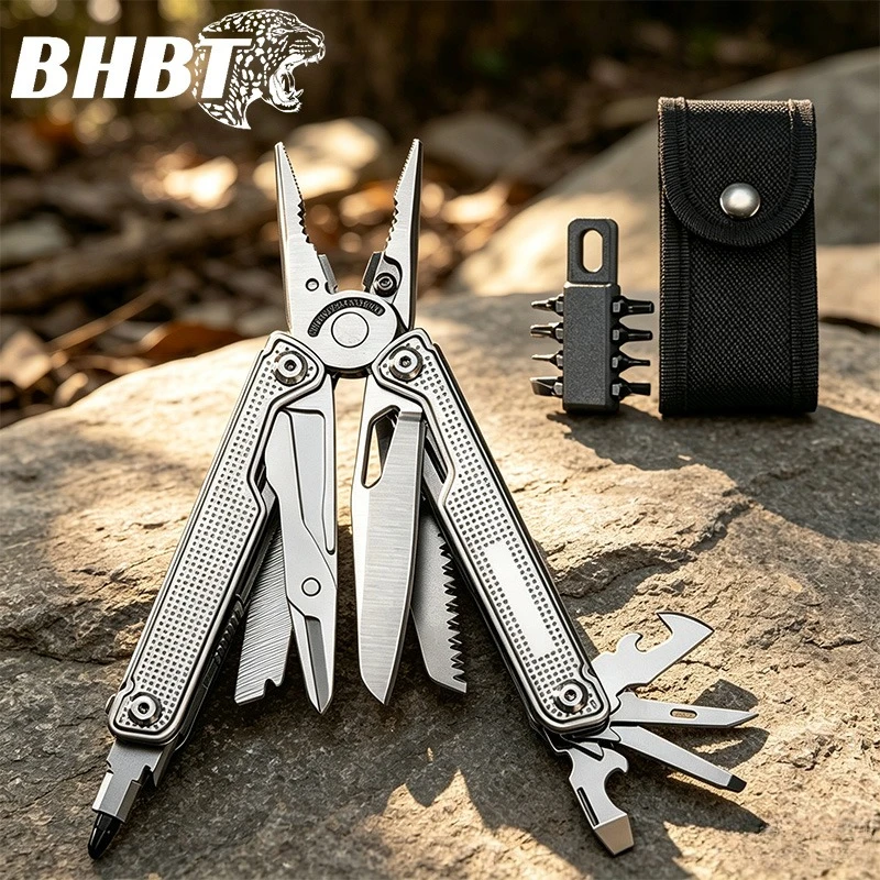 BHBT 25 en 1 Alicates Multiherramienta EDC, Navaja de Bolsillo, Equipo de Supervivencia Portátil para Acampar al Aire Libre con Kit de Puntas