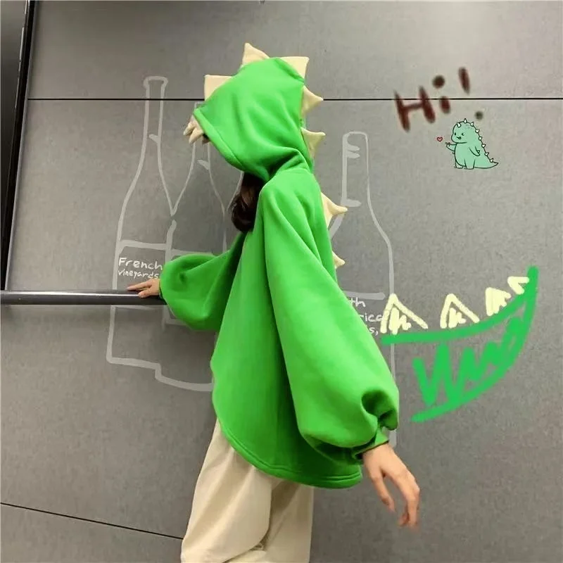 Autumn Women Cartoon Dinosaur Hoodies Harajuku Sweatshirts Cute Front Short Back Long Pullover Casual Loose Tracksuit Pajamas