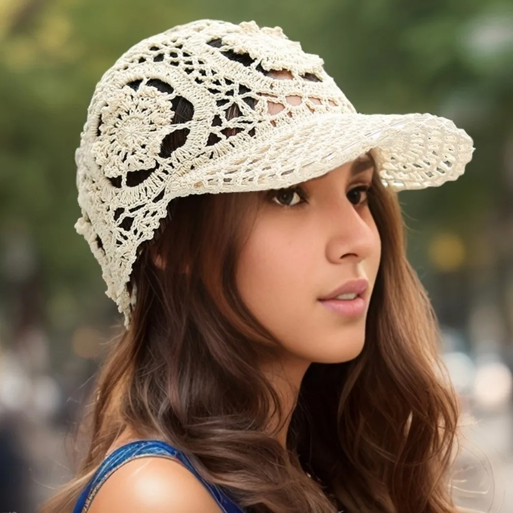 Versatile Adjustable Crochet Baseball Cap Floral Lace Polyester Sun Hat Multi-Color Openwork Mesh Peaked Cap Travel