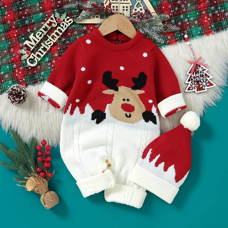 Christmas Newborn Baby Romper Knit Infant Girl Boy Jumpsuit Long Sleeve Child Xmas Clothes Fashion Cute Elk 0-18M Overalls 2pcs